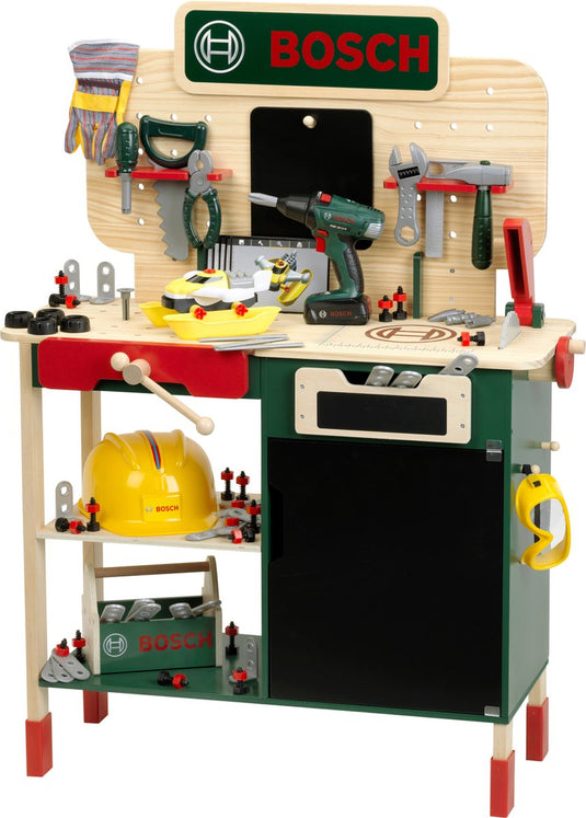 Klein toys bosch mini speelgoed werkbank - hout (mdf) - 100-delige accessoire set - incl. licht- en geluidseffecten - multicolor