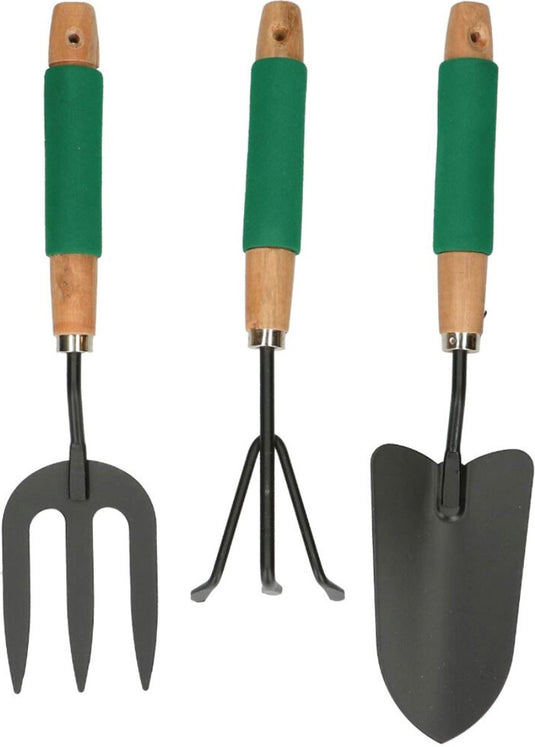 Kinzo tuingereedschap set 3-delig - set met handhark, vork en schep - comfort grip en antiaanbaklaag - tuinaccessoires voor bloempotten en borders