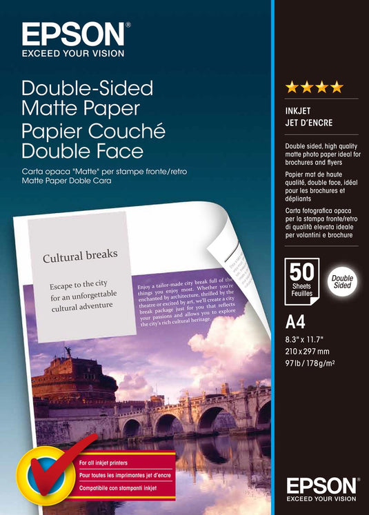 Epson double-sided matte paper c13s041569 fotopapier din a4 178 g m² 50 vellen dubbelzijdig bedrukbaar, mat