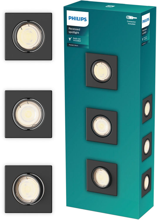 Philips led philips peridot inbouwspot - gu10 fitting - zwart - vierkant - richtbare spot - 3-pack