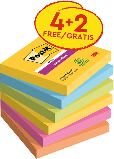 Post-it super sticky super sticky notes post-it 654-sscarn-p4+2 blauw, geel, groen, oranje roz