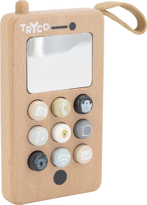 Tryco wooden telephone - houten speelgoedtelefoon - drukknoppen spiegel en koord - stimuleert motoriek en fantasierijk spel - vanaf 12 maanden