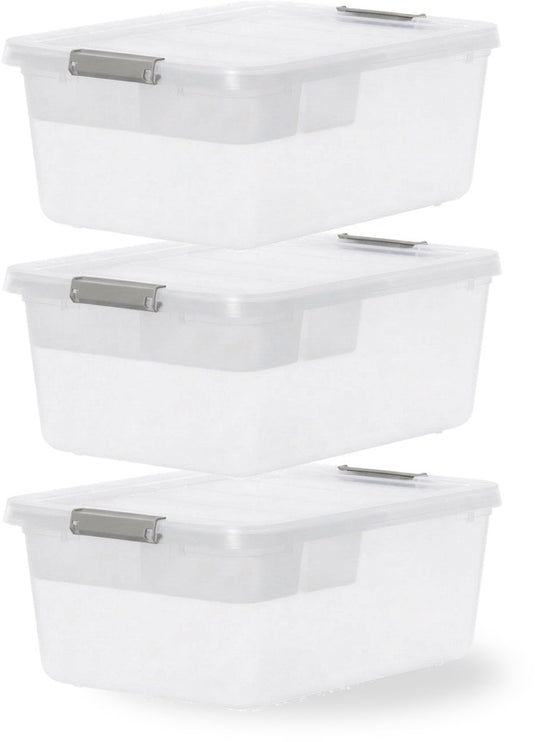 Iris storage opbergbox met clips en inlegtray - 12.5l - organiseerbaar - kunststof -transparant grijs - set van 3