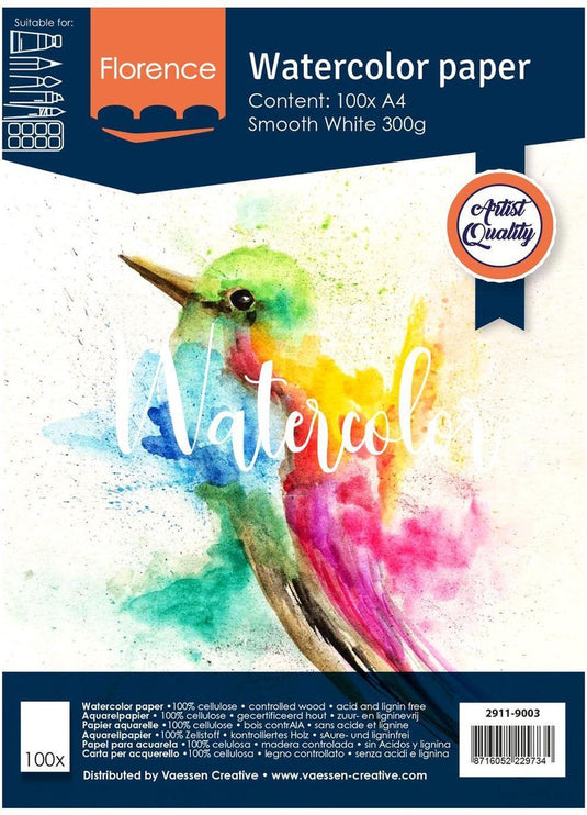 Florence vaessen aquarelpapier - intense white - a4 - 300 grams - gladde structuur - smooth - florence - 100 vellen
