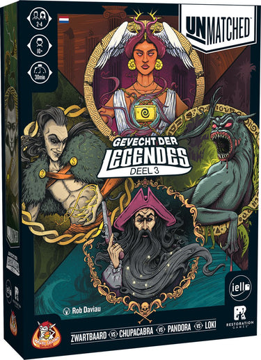 White goblin games - unmatched: gevecht der legendes 3 - expertspel - 2 tot 4 spelers - 20 minuten - vanaf 10 jaar - met de helden: zwartbaard, loki, chupacabra en pandora