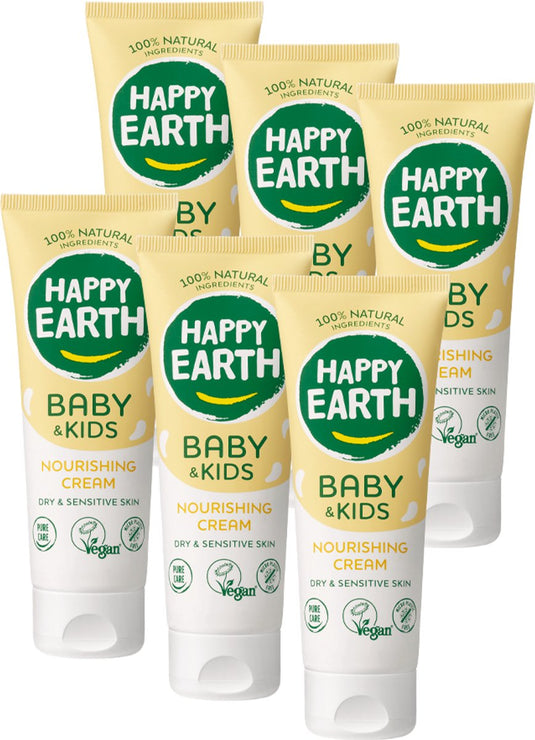 Happy earth bundel voedende crème baby kids - 100% natuurlijk - microplasticvrij - 0% sls sles - babyverzorging – geschikt voor pasgeborenen en de droge babyhuid – 6 x 75ml - voordeelverpakking