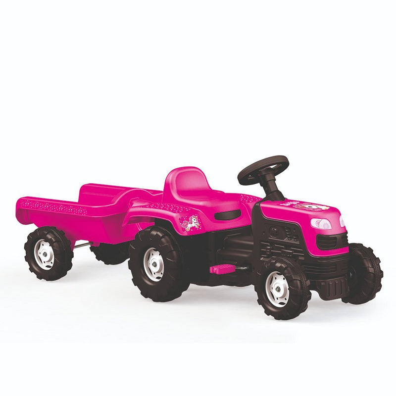 Load image into Gallery viewer, Dolu eenhoorn traptractor met aanhanger roze zwart
