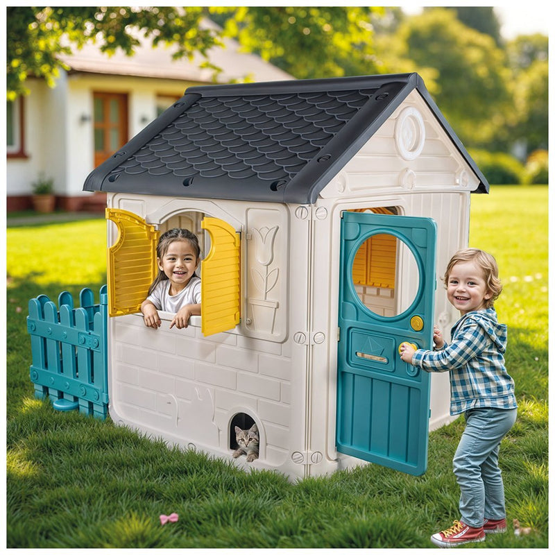 Load image into Gallery viewer, Dolu speelhuis met tuinhek deurbel wit groen grijs geel 122.5x156x104cm
