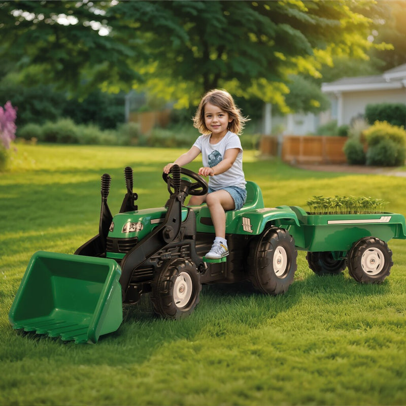 Load image into Gallery viewer, Dolu traptractor met aanhanger voorlader claxon groen zwart
