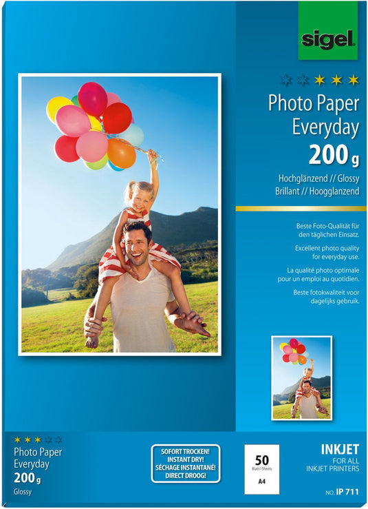 Sigel inkjet fotopapier - everyday plus - a4 - hoogglanzend - 200 grams - 50 vel - si-ip711