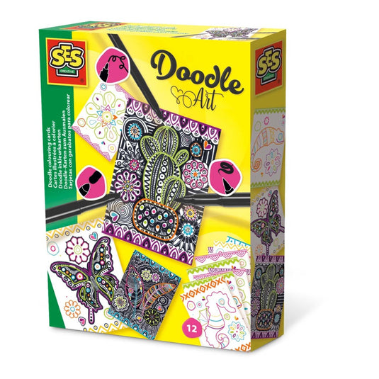Ses creative doodle art inkleur-kaarten 12 stuks + 3 zwarte stiften