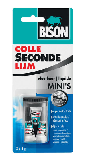 Bison secondelijm vloeibaar mini's 3 x 1g, sterke secondelijm, speciale min verpakking, vaatwasser bestendig, water resistent, voor iedere reparatie in en om het huis
