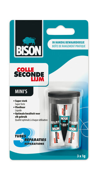 Bison secondelijm vloeibaar mini's 3 x 1g, sterke secondelijm, speciale min verpakking, vaatwasser bestendig, water resistent, voor iedere reparatie in en om het huis