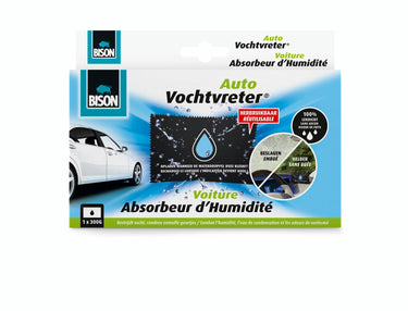 Bison vochtvreter® auto, luchtonvochtiger speciaal voor in de auto, bestrijdt vocht en condens in auto's, herbruikbaar, 300g, eenvoudig en veilig in gebruik