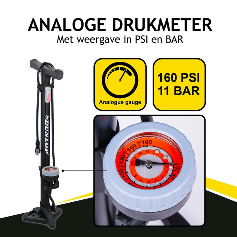 Load image into Gallery viewer, Dunlop Staande Fietspomp Uitvoering Analoge Drukmeter Dubbele Ventielkop Zwart
