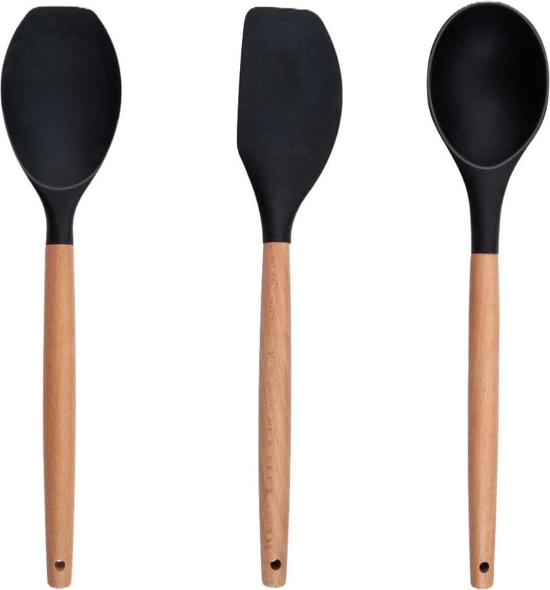 Load image into Gallery viewer, Alpina keukengerei set met houder 12 stuks siliconen gerei met houten handvat zwart
