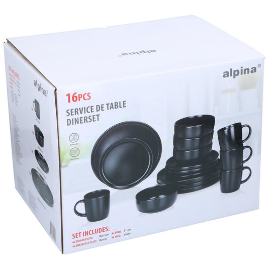 Alpina serviesset 4 persoons - aardewerk servies 16-delig - bordenset met ontbijtborden, dinerborden, kommen en mokken - servies set magnetron en vaatwasser bestendig - zwart