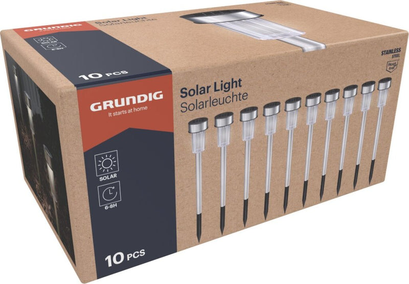 Load image into Gallery viewer, Grundig tuinfakkels 10 stuks prikspot op zonne energie wit licht ip44 waterbestendig batterijduur 6-8 uur 4,8x36,5 cm roestvrij staal
