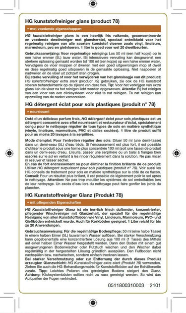 Hg kunststofreiniger glans (product 78) 1l