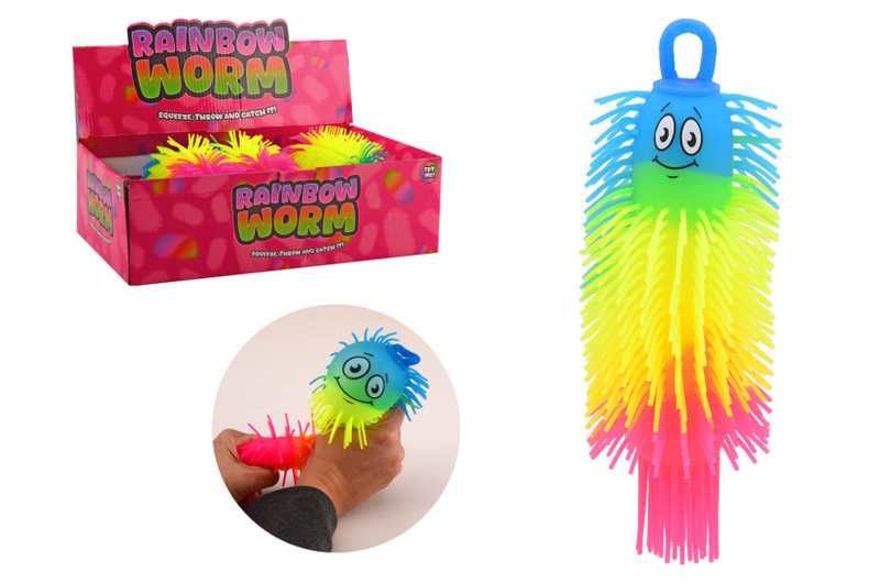 Load image into Gallery viewer, Johntoy rainbow fluffy worm 21cm assort in display
