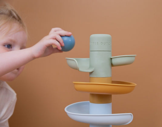 Rubo toys little dutch spiraaltoren blauw - knikkerbaan - 5 delen - 3 ballen - stapeltoren