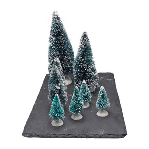 Mini kerstboompjes voor kerstdorp of scenes set van 8 verschillende boompjes