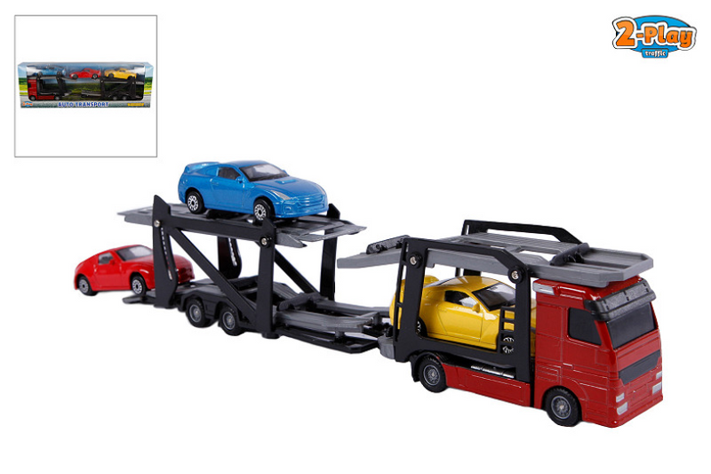 Load image into Gallery viewer, 2-play autotransporter diecast met 3 auto's 26 cm multicolor
