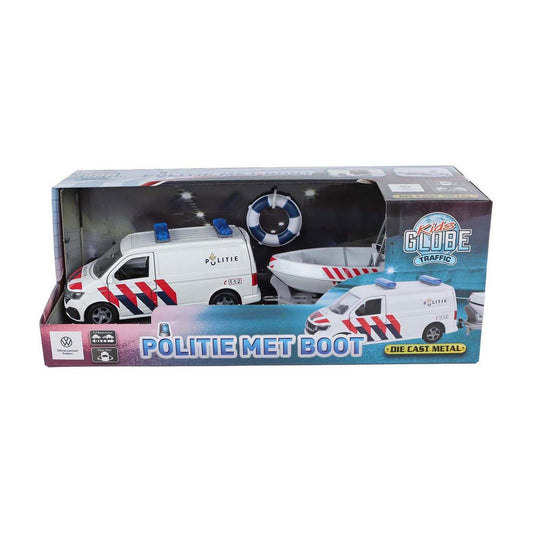 Kids globe vw transporter politie met boot die-cast