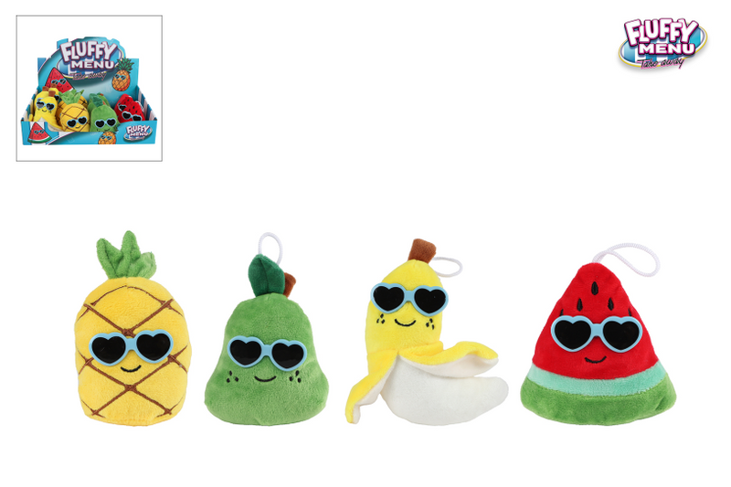 Load image into Gallery viewer, Fluffy menu fruit pluche met zonnebril 4ass 6cm
