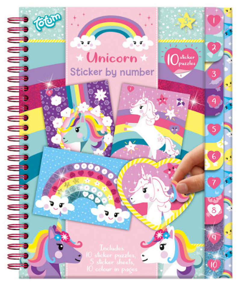 Load image into Gallery viewer, Totum unicorn stickerpuzzel - doeboek - stickeren op nummer - 10 puzzels, 5 stickervellen en 10 kleurplaten - speelgoed kinderen - knutselen - voor meisjes - ook voor kleuters - vanaf 3 jaar
