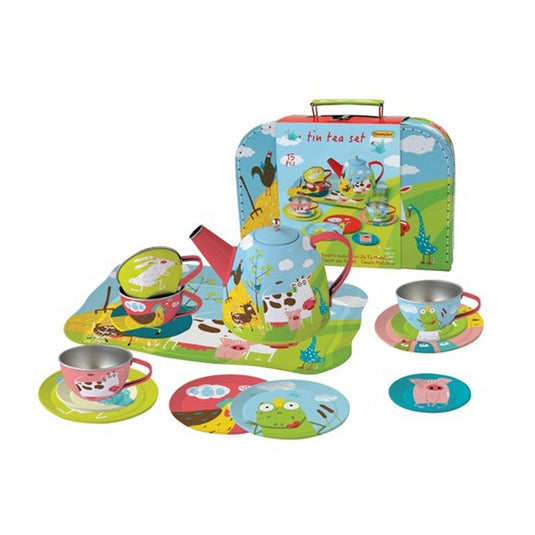 Simply for kids theeservies metaal in koffer met boerderijdieren 15-delig