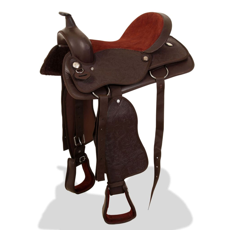Load image into Gallery viewer, Vidaxl western zadel, hoofdstel en borstriem 15 echt leer bruin
