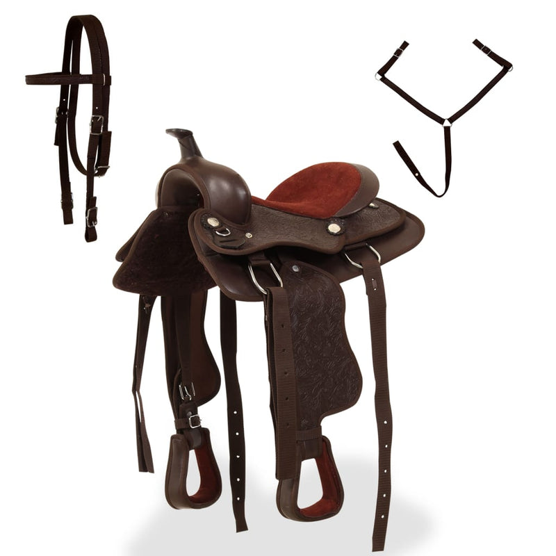 Load image into Gallery viewer, Vidaxl western zadel, hoofdstel en borstriem 12 echt leer bruin
