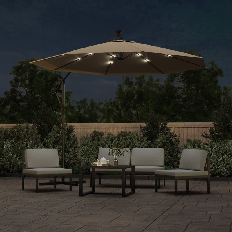 Load image into Gallery viewer, VidaXL Zweefparasol met LED-verlichting stalen paal 300 cm taupe
