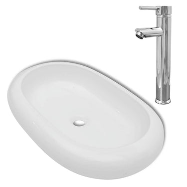 Vidaxl badkamerwastafel met mengkraan ovaal keramiek wit