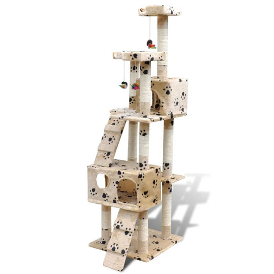VidaXL Kattenkrabpaal met pootafdrukken en 2 huisjes 170 cm beige
