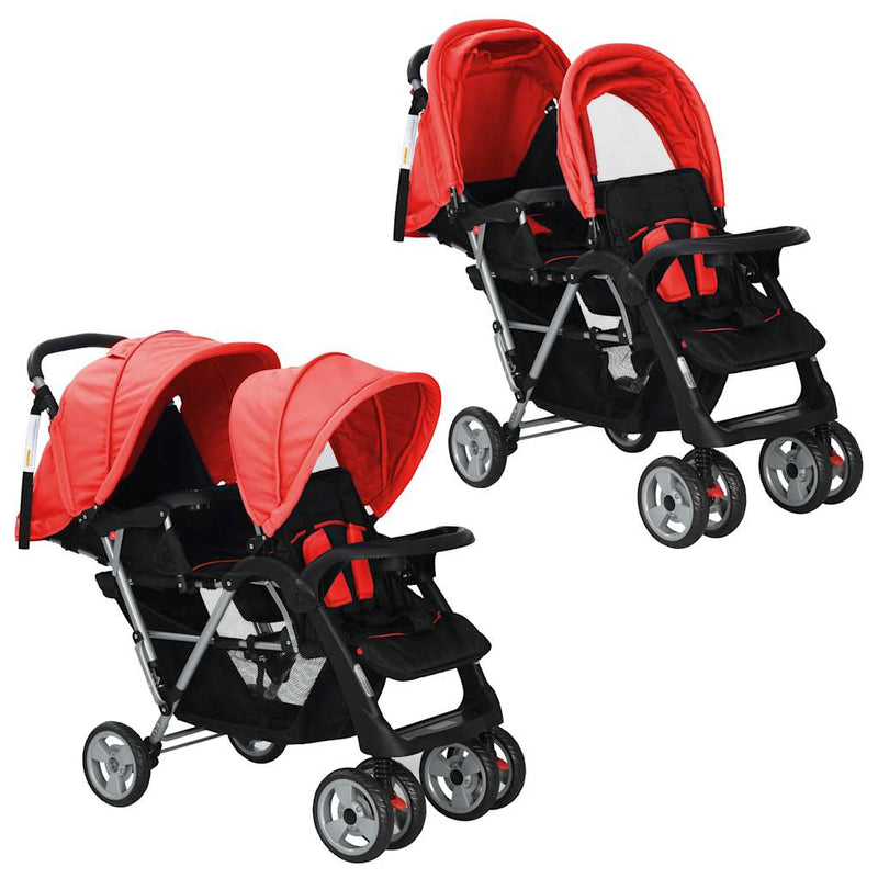 Load image into Gallery viewer, Vidaxl kinderwagen dubbel staal rood en zwart
