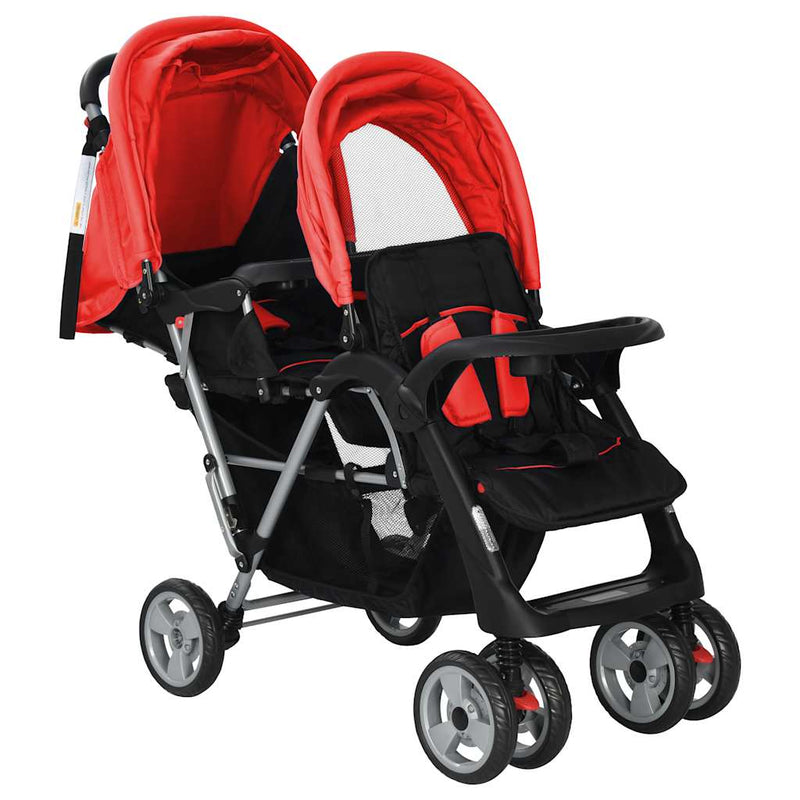 Load image into Gallery viewer, Vidaxl kinderwagen dubbel staal rood en zwart
