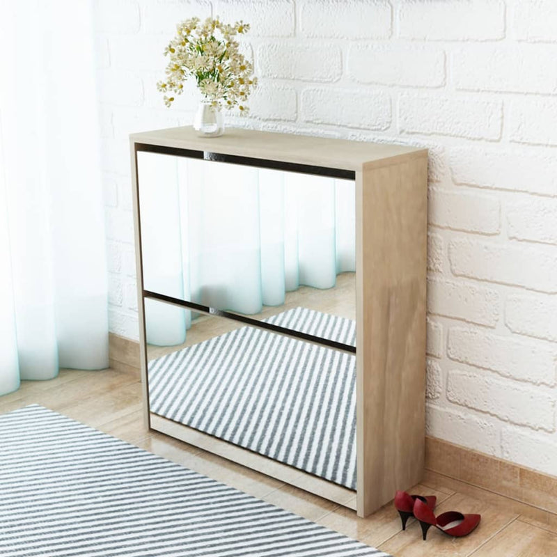 Load image into Gallery viewer, Vidaxl schoenenkast tweelaags met spiegel 63x17x67 cm eiken
