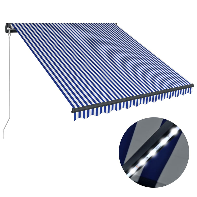 Load image into Gallery viewer, VidaXL Luifel handmatig uittrekbaar met LED 350x250 cm blauw en wit
