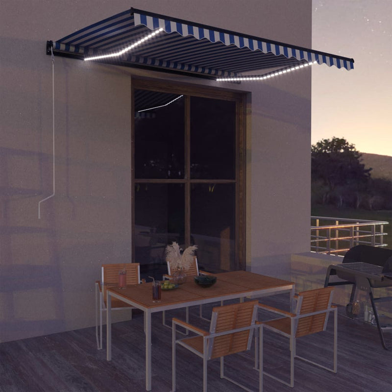 Load image into Gallery viewer, VidaXL Luifel met windsensor en LED 400x300 cm blauw en wit
