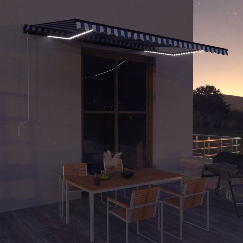 Load image into Gallery viewer, VidaXL Luifel met windsensor en LED 450x300 cm blauw en wit
