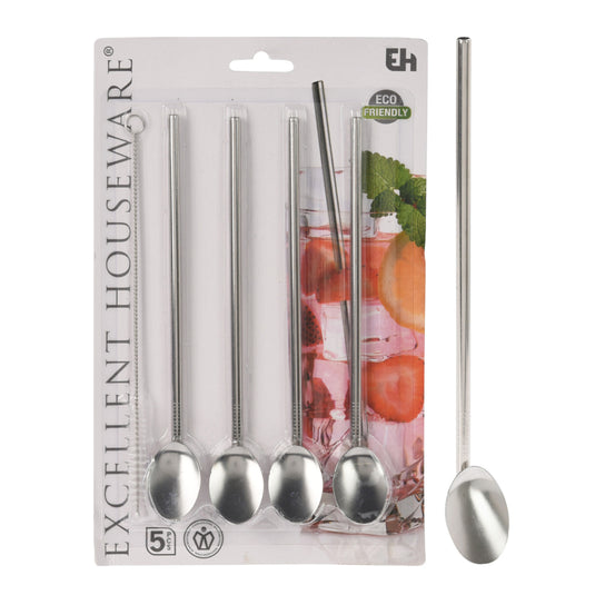 Excellent houseware rvs rietjes met lepel 4 stuks + schoonmaakborstel