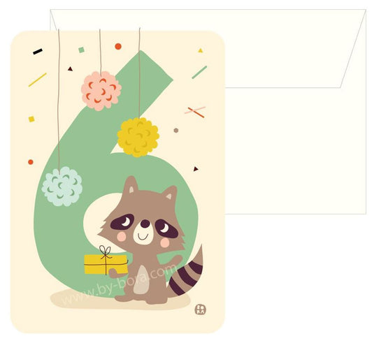 Bora verjaardagskaart+envelop raccoon 6