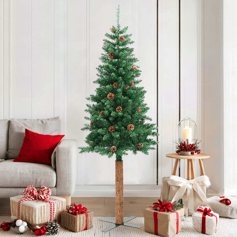 Afbeelding laden in galerijviewer, Vidaxl kerstboom met echt hout en dennenappels smal 180 cm pvc groen
