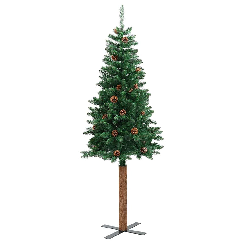 Afbeelding laden in galerijviewer, Vidaxl kerstboom met echt hout en dennenappels smal 210 cm pvc groen
