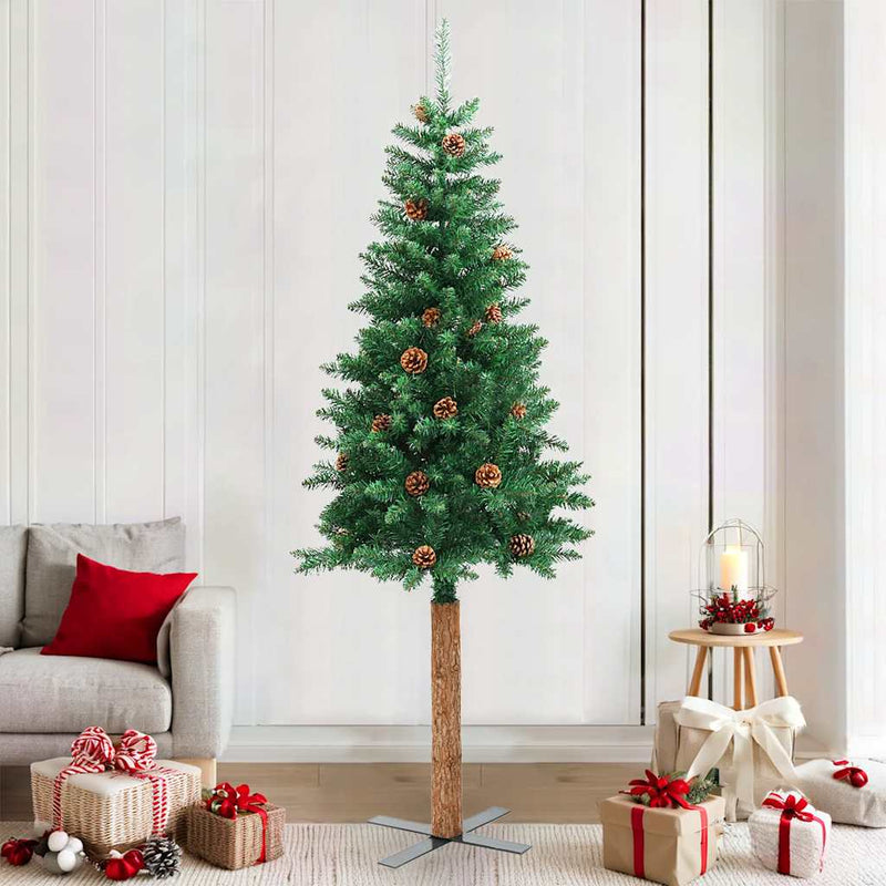 Afbeelding laden in galerijviewer, Vidaxl kerstboom met echt hout en dennenappels smal 210 cm pvc groen
