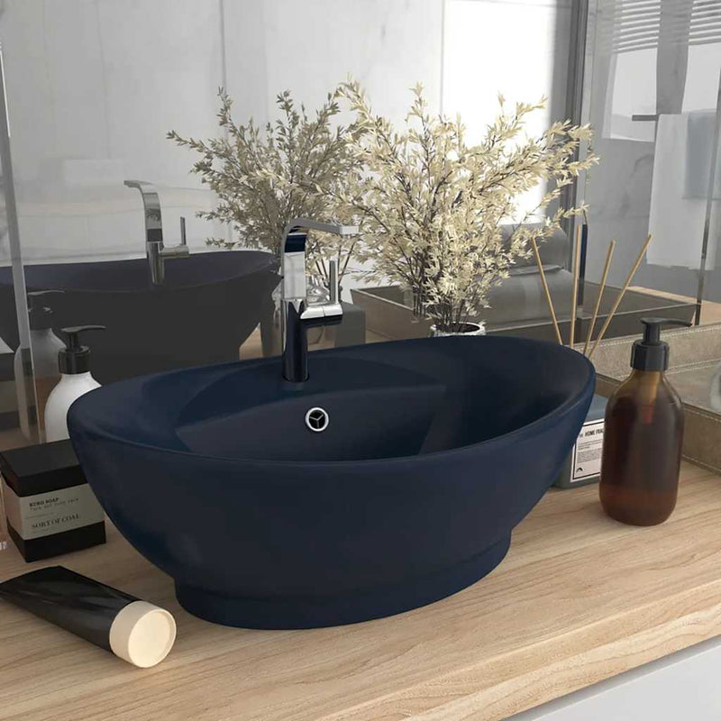 Load image into Gallery viewer, Vidaxl wastafel met overloop ovaal 58,5x39 cm keramiek mat donkerblauw
