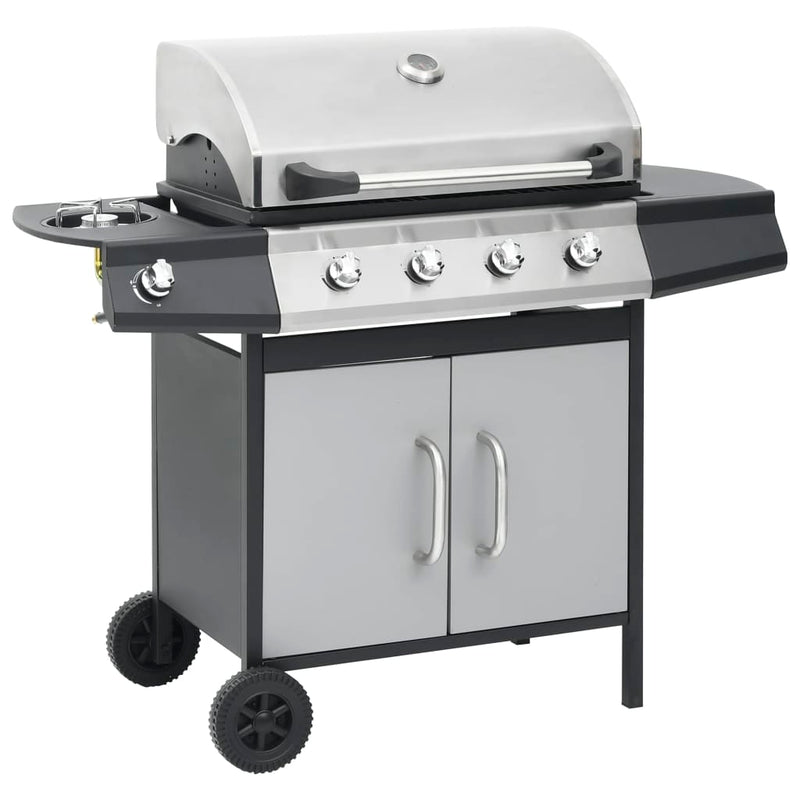 Load image into Gallery viewer, Vidaxl gasbarbecue 4+1 kookzone staal en roestvrij staal zwart zilver
