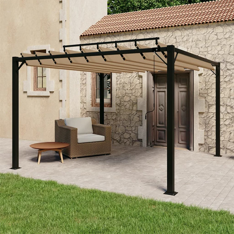Load image into Gallery viewer, VidaXL Prieel met lamellendak 3x3 m stof en aluminium taupe
